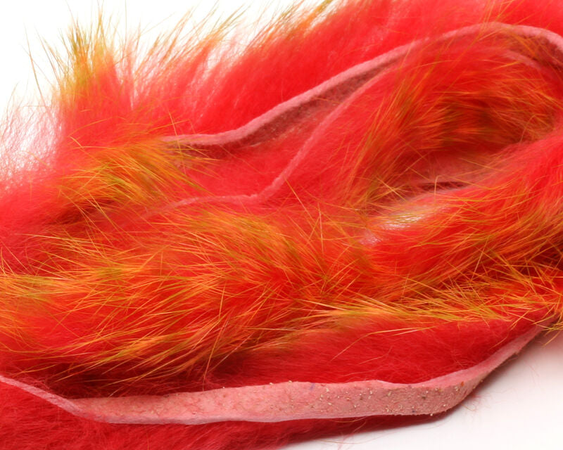 Hareline Barred Polychrome Rabbit Strips Bright Red/Yellow Barred Olive